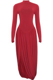 Red Elegant Solid Color Patchwork Ruched Turtleneck Irregular Dresses