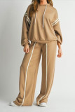 Khaki Casual Sportswear Daily Solid Color Draw String Hooded Long Sleeve Two Pieces