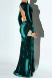 Green Sexy Prom Solid Color Backless Velvet O Neck Evening Dresses