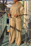 Khaki Casual Sportswear Daily Solid Color Draw String Hooded Long Sleeve Two Pieces