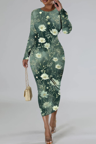 Green Casual Floral Print Basic O Neck Long Sleeve Dresses