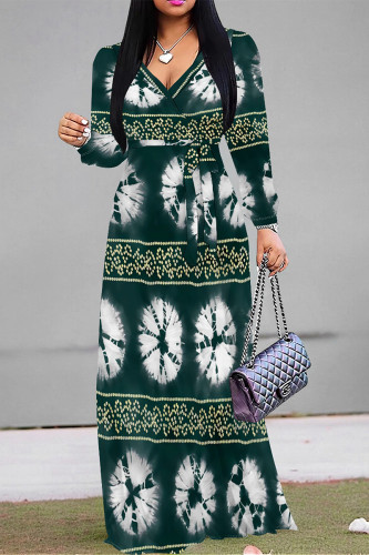 Ink Green Daily Elegant Floral Print Lace Up Contrast V Neck Printed Dresses