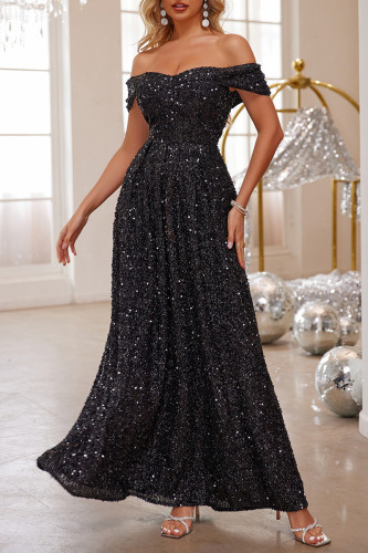 Black Sexy Solid Color Sequins Sequined Off Shoulder Evening Dresses