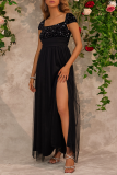 Black Sexy Prom Solid Color Sequins Slit Mesh Square Neck Evening Dresses