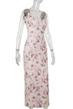 Apricot Elegant Print Patchwork Backless U Neck Long Dresses