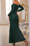 Ink Green Sexy Prom Solid Color Sequins Slit Sequined Off Shoulder Evening Dresses
