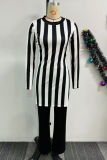 Black Daily Elegant Stripe Slit O Neck Long Sleeve Two Pieces