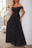 Black Sexy Solid Color Sequins Sequined Off Shoulder Evening Dresses