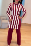 Black Daily Elegant Stripe Slit O Neck Long Sleeve Two Pieces