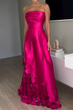 Rose Red Casual Prom Solid Color Patchwork Ruched Strapless Evening Dresses