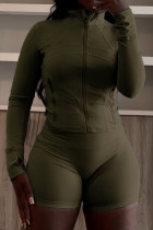 Olive Green Casual Solid Color Patchwork Zipper Zipper Collar Long Sleeve Two Pieces