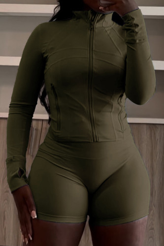Olive Green Casual Solid Color Patchwork Zipper Zipper Collar Long Sleeve Two Pieces