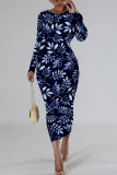 Red Casual Floral Print Basic O Neck Long Sleeve Dresses