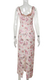 Apricot Elegant Print Patchwork Backless U Neck Long Dresses