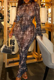 Grey Daily Print Patchwork O Neck Wrapped Skirt Dresses
