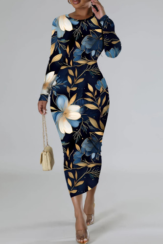 Black Casual Print Basic O Neck Long Sleeve Dresses
