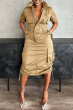 Orange Street Daily Solid Color Distressed Pocket Zipper Zipper Collar Wrapped Skirt Dresses