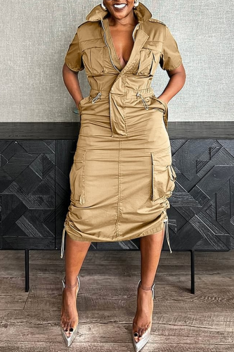 Khaki Street Daily Solid Color Distressed Pocket Zipper Zipper Collar Wrapped Skirt Dresses
