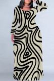 Black Apricot Casual Street Geometric Print Contrast O Neck Printed Plus Size Dresses