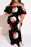 Black Green Casual Santa Claus Print Patchwork Off Shoulder Long Plus Size Dresses