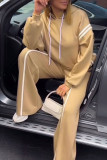 Khaki Casual Sportswear Daily Solid Color Draw String Hooded Long Sleeve Two Pieces
