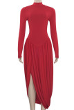 Red Elegant Solid Color Patchwork Ruched Turtleneck Irregular Dresses