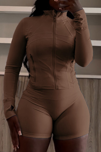 Coffee Casual Solid Color Patchwork Zipper Zipper Collar Long Sleeve Two Pieces