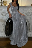 Grey Sexy Solid Color Sequined Irregular Square Neck Evening Dresses