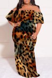 White Brown Casual Leopard Print Patchwork Backless Off Shoulder Long Plus Size Dresses
