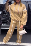 Khaki Casual Sportswear Daily Solid Color Draw String Hooded Long Sleeve Two Pieces