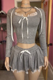 Grey Daily Solid Color Lace Pocket Patchwork Strap Design O Neck Long Sleeve Two Pieces