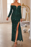 Ink Green Sexy Prom Solid Color Sequins Slit Sequined Off Shoulder Evening Dresses