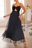 Black Sexy Solid Color Sequins Patchwork Sequined Mesh V Neck Evening Dresses