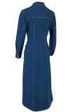 Deep Blue Casual Solid Color Pocket Buckle Patchwork Turndown Collar Long Sleeve Loose Denim Dresses