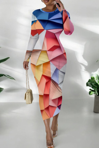 Blue Pink Casual Print Patchwork O Neck Wrapped Skirt Dresses