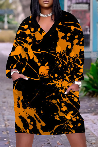 Black Casual Street Floral Print Pocket Contrast V Neck Printed Plus Size Dresses