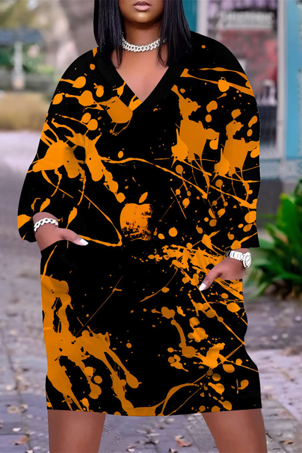 Black Casual Street Floral Print Pocket Contrast V Neck Printed Plus Size Dresses