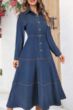 Deep Blue Casual Solid Color Buckle Patchwork Turndown Collar Long Sleeve Boot Cut Denim Dresses
