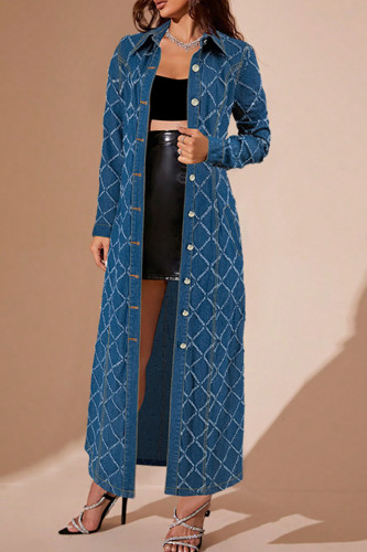 Deep Blue Casual Plaid Buckle Patchwork Turndown Collar Long Sleeve Loose Denim Jacket