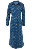 Deep Blue Casual Plaid Buckle Patchwork Turndown Collar Long Sleeve Loose Denim Jacket