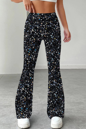 Blue Black Casual Print Patchwork Boot Cut Mid Waist Full Print Bottoms