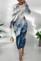 Blue White Casual Print Patchwork O Neck Wrapped Skirt Dresses