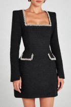Black Elegant Solid Color Patchwork Square Neck A Line Dresses