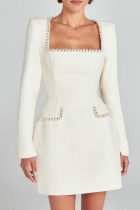 White Elegant Solid Color Patchwork Square Neck A Line Dresses