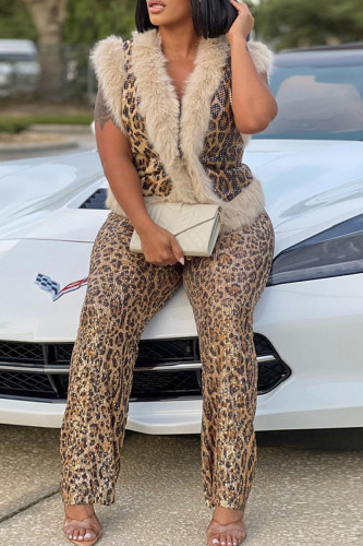 Apricot Casual Leopard Print Patchwork Fluffy Deep V Neck Two Pieces