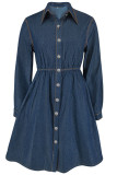 Deep Blue Casual Solid Color Buckle Patchwork Turndown Collar Long Sleeve Boot Cut Denim Dresses
