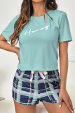 Baby Blue Casual Living Plaid Letter Print Draw String Sleepwear