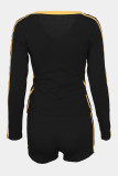 Black Casual Print Draw String Patchwork Contrast V Neck Long Sleeve Two Pieces