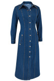 Deep Blue Casual Solid Color Pocket Buckle Patchwork Turndown Collar Long Sleeve Loose Denim Dresses