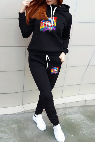 Black Casual Print Draw String Pocket Patchwork Hooded Long Sleeve Two Pieces